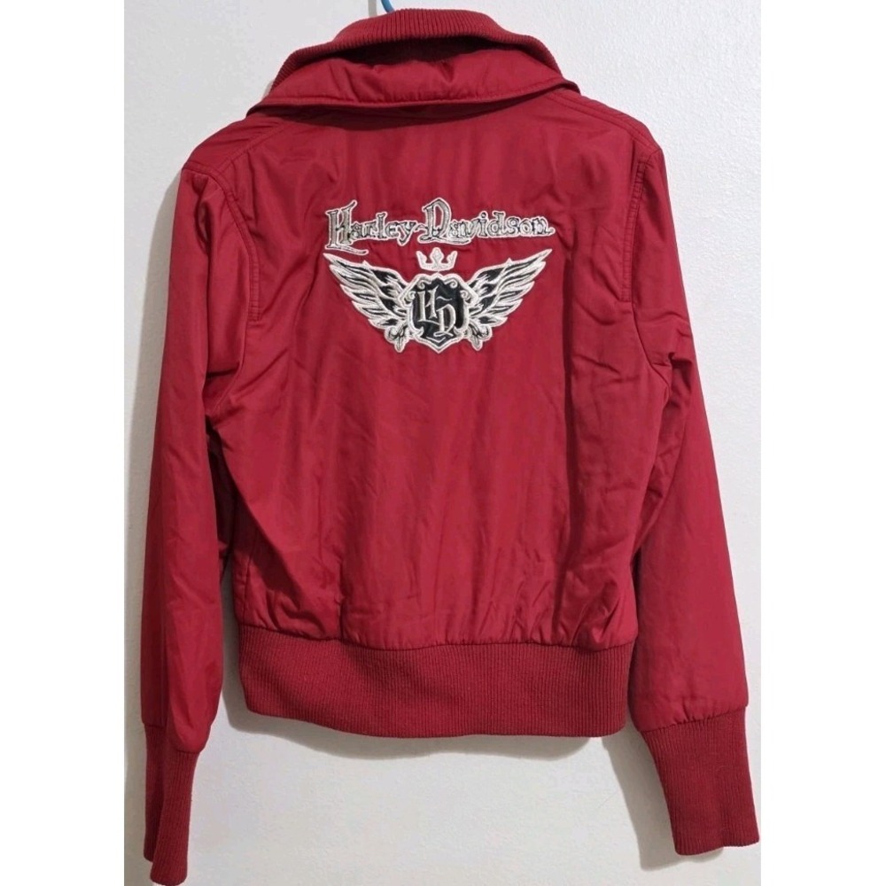 Vintage Women's Harley Davidson Zip Snap Up Red Nylon Jacket in Sz S Embroidered